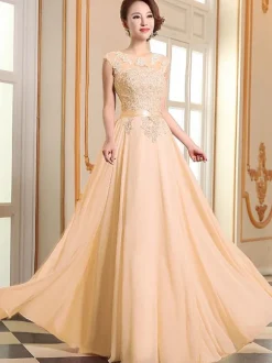 Prom Dresses Soft Pink Lace Applique Evening Dresses Chiffon Sleeveless Sash Floor Length Formal Gowns Wedding Guest Dresses