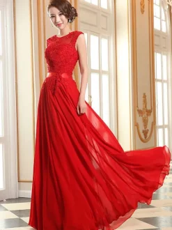 Prom Dresses Soft Pink Lace Applique Evening Dresses Chiffon Sleeveless Sash Floor Length Formal Gowns Wedding Guest Dresses