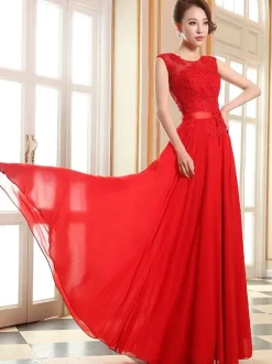 Prom Dresses Soft Pink Lace Applique Evening Dresses Chiffon Sleeveless Sash Floor Length Formal Gowns Wedding Guest Dresses