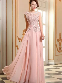 Prom Dresses Soft Pink Lace Applique Evening Dresses Chiffon Sleeveless Sash Floor Length Formal Gowns Wedding Guest Dresses
