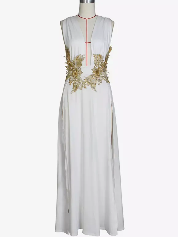 Prom Dresses V-Neck Embroidered High-slit Semi Formal Long Dress