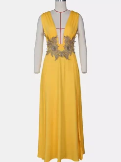Prom Dresses V-Neck Embroidered High-slit Semi Formal Long Dress