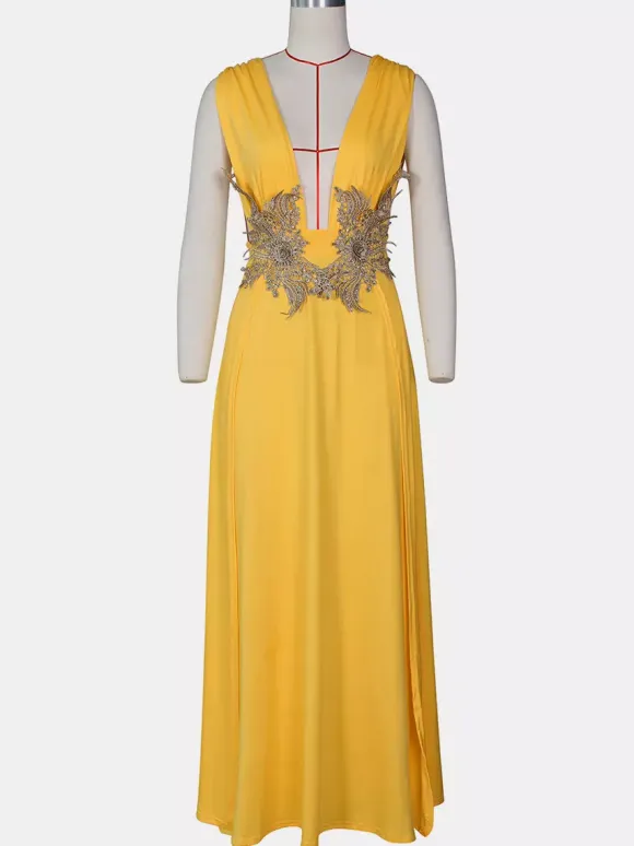 Prom Dresses V-Neck Embroidered High-slit Semi Formal Long Dress