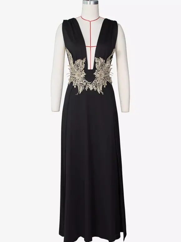 Prom Dresses V-Neck Embroidered High-slit Semi Formal Long Dress