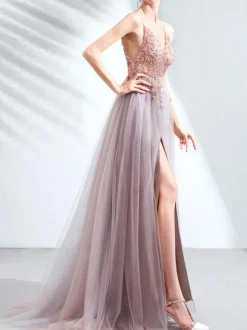 Prom Dress Lace V-Neck A-Line Short Sleeves Party Dresses