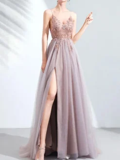 Prom Dress Lace V-Neck A-Line Short Sleeves Party Dresses