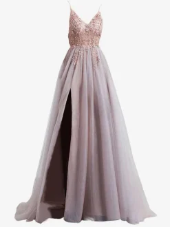 Prom Dress Lace V-Neck A-Line Short Sleeves Party Dresses