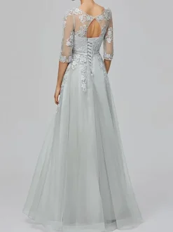 Prom Dress 2026 Light Gray Jewel Neck Ball Gown Half Sleeves Lace-Up Applique Long Party Dresses Wedding Guest Dresses