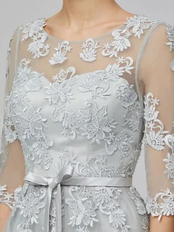 Prom Dress 2026 Light Gray Jewel Neck Ball Gown Half Sleeves Lace-Up Applique Long Party Dresses Wedding Guest Dresses