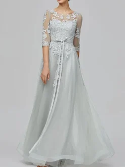 Prom Dress 2026 Light Gray Jewel Neck Ball Gown Half Sleeves Lace-Up Applique Long Party Dresses Wedding Guest Dresses