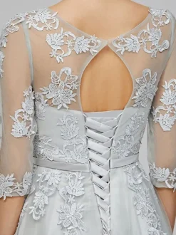 Prom Dress 2026 Light Gray Jewel Neck Ball Gown Half Sleeves Lace-Up Applique Long Party Dresses Wedding Guest Dresses