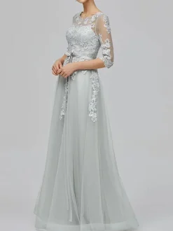 Prom Dress 2026 Light Gray Jewel Neck Ball Gown Half Sleeves Lace-Up Applique Long Party Dresses Wedding Guest Dresses