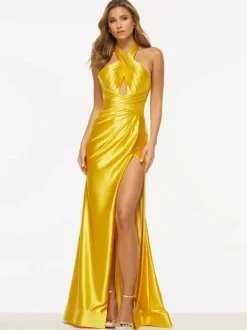 Prom Dress Mermaid Halter Satin Fabric Sweep Split Front Social Party Dresses
