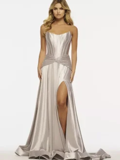 Prom Dress Mermaid Strapless Satin Fabric Sweep Split Front Social Evening Dresses