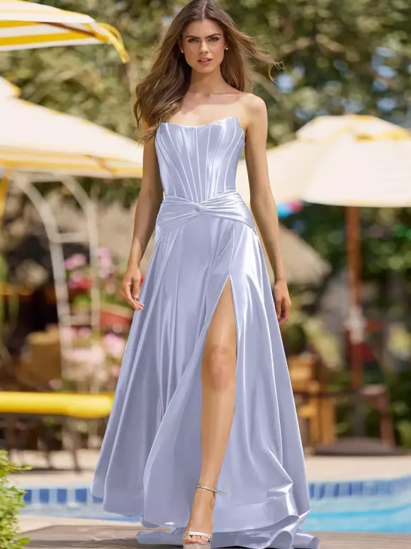 Prom Dress Mermaid Strapless Satin Fabric Sweep Split Front Social Evening Dresses