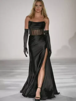 Prom Dress Mermaid Strapless Sweep Sleeveless Backless Split Front Formal Dinner Dresses