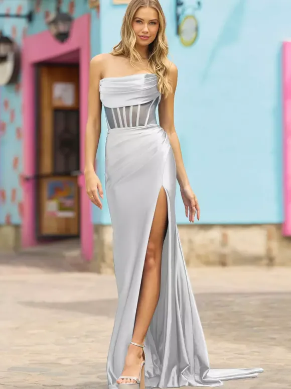Prom Dress Mermaid Strapless Sweep Sleeveless Backless Split Front Formal Dinner Dresses
