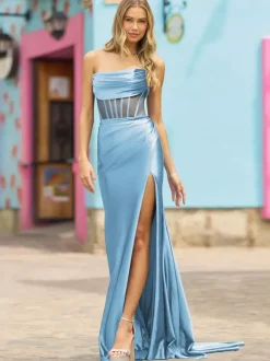 Prom Dress Mermaid Strapless Sweep Sleeveless Backless Split Front Formal Dinner Dresses