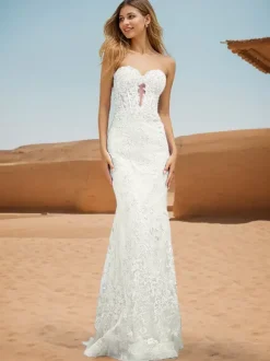 Prom Dress Mermaid Sweetheart Neck Lace Sweep Lace Formal Dinner Dresses