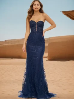 Prom Dress Mermaid Sweetheart Neck Lace Sweep Lace Formal Dinner Dresses