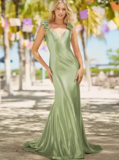 Prom Dress Mermaid V-Neck Court Train Sleeveless Backless Flowers Elastic Silk Like Satin Formal Dinner Dresses