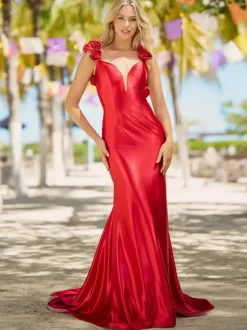 Prom Dress Mermaid V-Neck Court Train Sleeveless Backless Flowers Elastic Silk Like Satin Formal Dinner Dresses