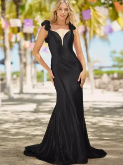 Prom Dress Mermaid V-Neck Court Train Sleeveless Backless Flowers Elastic Silk Like Satin Formal Dinner Dresses