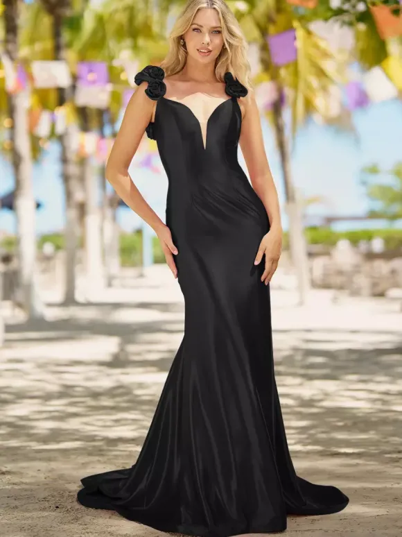 Prom Dress Mermaid V-Neck Court Train Sleeveless Backless Flowers Elastic Silk Like Satin Formal Dinner Dresses