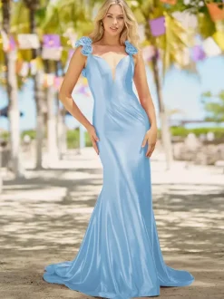 Prom Dress Mermaid V-Neck Court Train Sleeveless Backless Flowers Elastic Silk Like Satin Formal Dinner Dresses