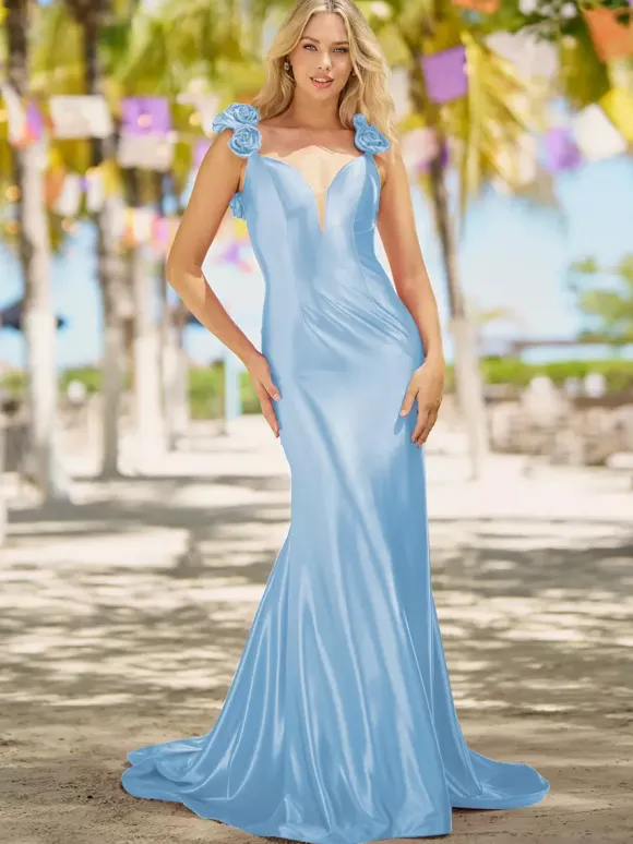 Prom Dress Mermaid V-Neck Court Train Sleeveless Backless Flowers Elastic Silk Like Satin Formal Dinner Dresses
