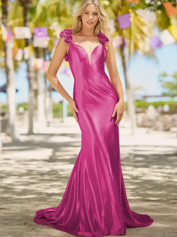 Prom Dress Mermaid V-Neck Court Train Sleeveless Backless Flowers Elastic Silk Like Satin Formal Dinner Dresses