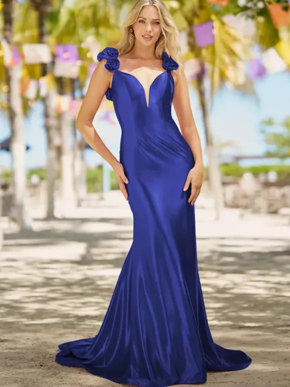 Prom Dress Mermaid V-Neck Court Train Sleeveless Backless Flowers Elastic Silk Like Satin Formal Dinner Dresses