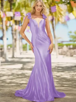 Prom Dress Mermaid V-Neck Court Train Sleeveless Backless Flowers Elastic Silk Like Satin Formal Dinner Dresses
