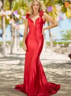 Prom Dress Mermaid V-Neck Court Train Sleeveless Backless Flowers Elastic Silk Like Satin Formal Dinner Dresses