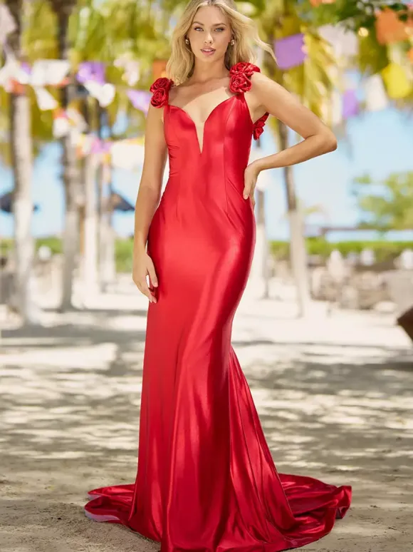 Prom Dress Mermaid V-Neck Court Train Sleeveless Backless Flowers Elastic Silk Like Satin Formal Dinner Dresses