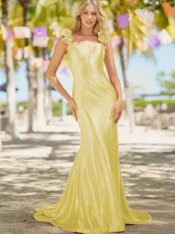 Prom Dress Mermaid V-Neck Court Train Sleeveless Backless Flowers Elastic Silk Like Satin Formal Dinner Dresses