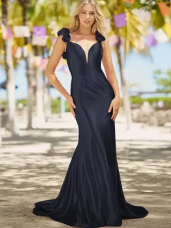 Prom Dress Mermaid V-Neck Court Train Sleeveless Backless Flowers Elastic Silk Like Satin Formal Dinner Dresses