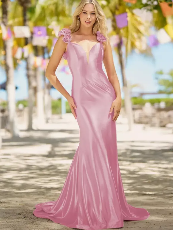 Prom Dress Mermaid V-Neck Court Train Sleeveless Backless Flowers Elastic Silk Like Satin Formal Dinner Dresses