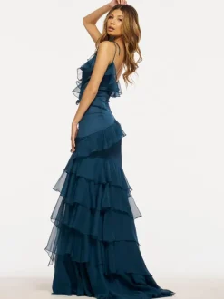Prom Dress Mermaid V-Neck Satin Fabric Sweep Pleated Formal Party Dresses