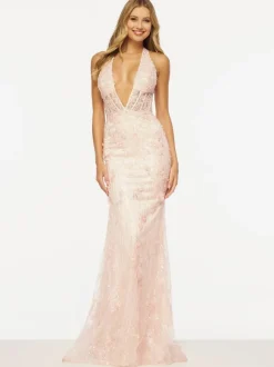 Prom Dress Mermaid V-Neck Sweep Sleeveless Backless Lace Lace Formal Party Dresses