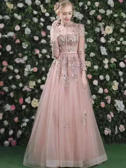 Prom Dress 2026 Pink High Collar Soft Tulle Lace A-Line Long Sleeves Lace-Up Beaded Party Dresses
