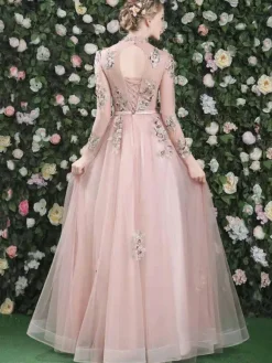 Prom Dress 2026 Pink High Collar Soft Tulle Lace A-Line Long Sleeves Lace-Up Beaded Party Dresses