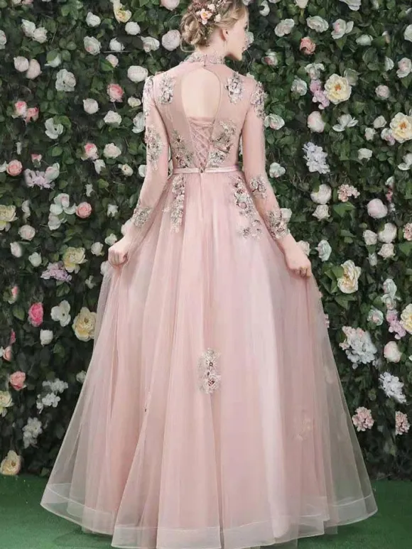 Prom Dress 2026 Pink High Collar Soft Tulle Lace A-Line Long Sleeves Lace-Up Beaded Party Dresses