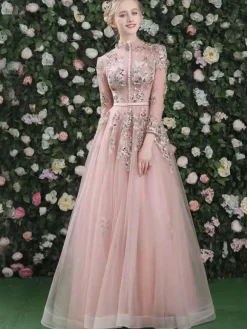 Prom Dress 2026 Pink High Collar Soft Tulle Lace A-Line Long Sleeves Lace-Up Beaded Party Dresses