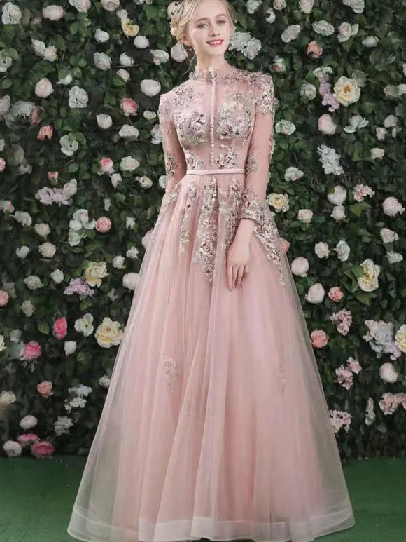 Prom Dress 2026 Pink High Collar Soft Tulle Lace A-Line Long Sleeves Lace-Up Beaded Party Dresses