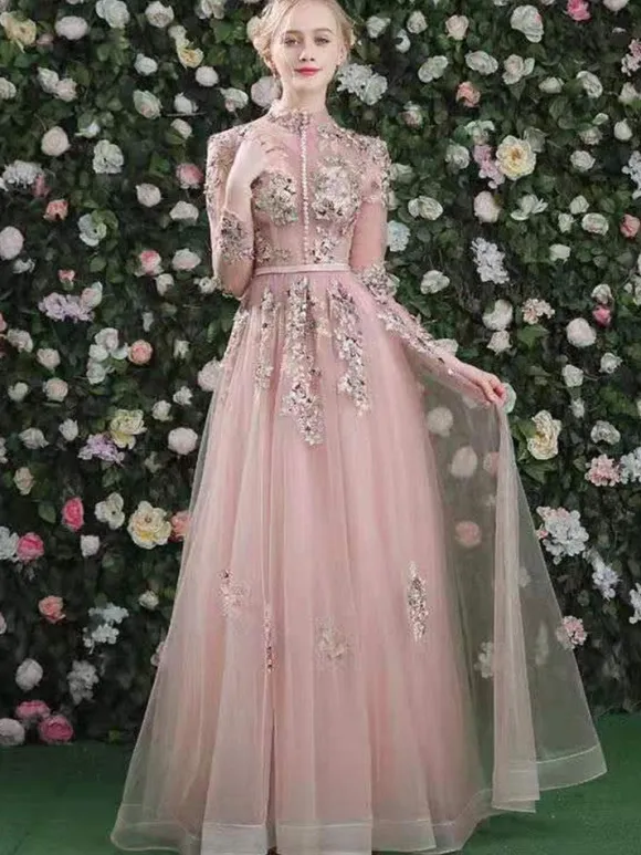 Prom Dress 2026 Pink High Collar Soft Tulle Lace A-Line Long Sleeves Lace-Up Beaded Party Dresses