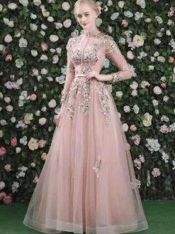 Prom Dress 2026 Pink High Collar Soft Tulle Lace A-Line Long Sleeves Lace-Up Beaded Party Dresses