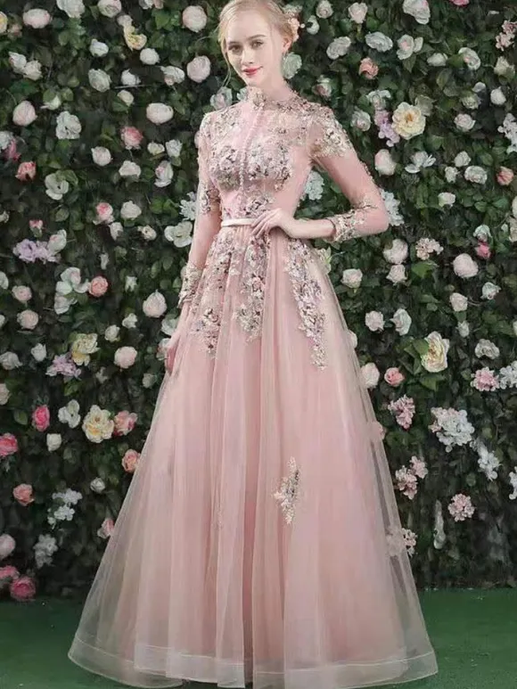 Prom Dress 2026 Pink High Collar Soft Tulle Lace A-Line Long Sleeves Lace-Up Beaded Party Dresses