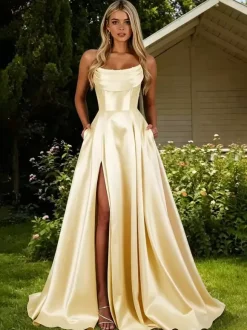 Prom Dress Satin Fabric Designed Neckline A-Line Sleeveless Pleated Party Dresses