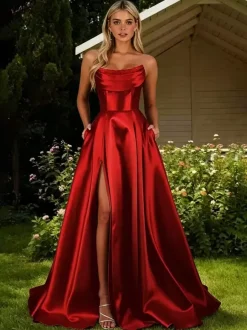 Prom Dress Satin Fabric Designed Neckline A-Line Sleeveless Pleated Party Dresses